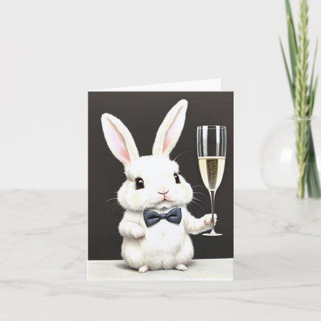 Söt liten kanin med champagnekort kort (Framsida)