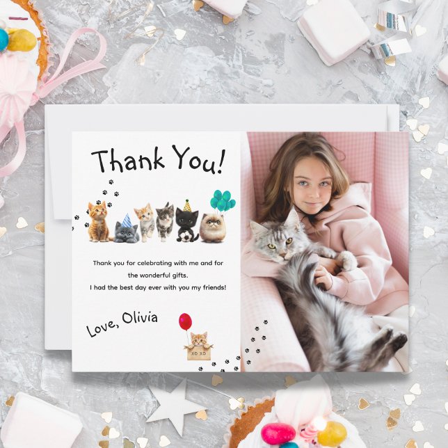 Söt Liten Katt Födelsedagsfest Platt Tacksamhetsko Tack Kort (Cute Kitten Birthday Party Flat Thank You Card)