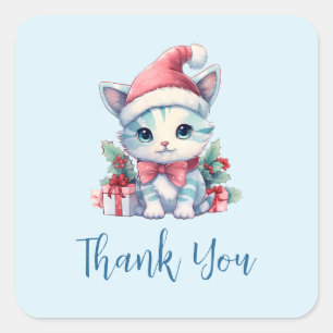 Söt liten katt i julhatt Jul tack Fyrkantigt Klistermärke