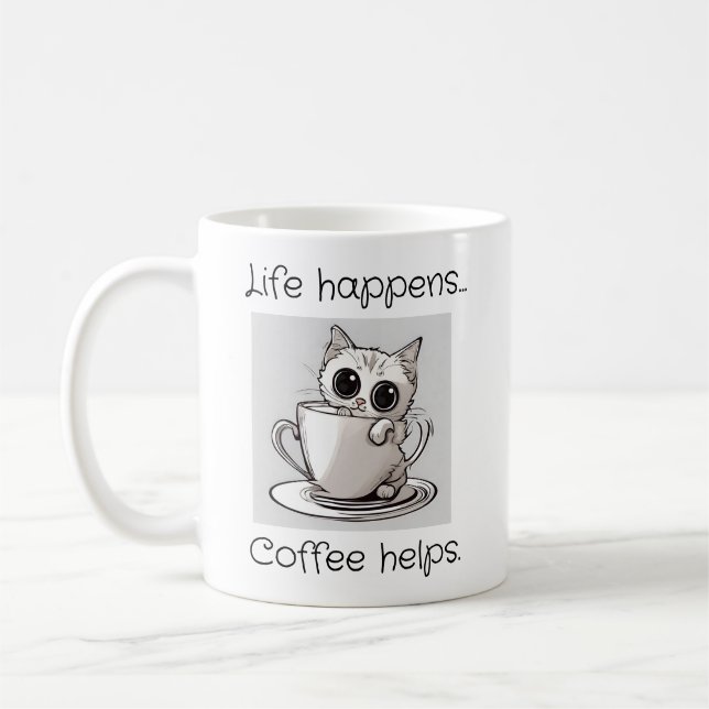 Söt liten katt Livet händer Kaffe hjälper Mugg (Vänster)