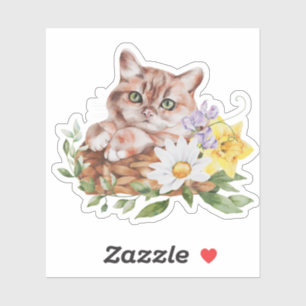 Söt liten katt Narcisser Tusenskönor Blommor Klistermärken
