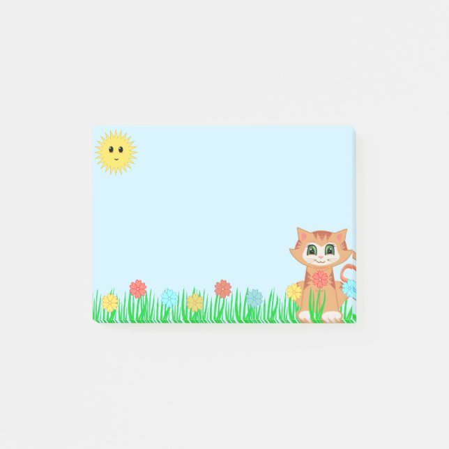 Söt liten katt på ljusblå post-it block (Framsida)