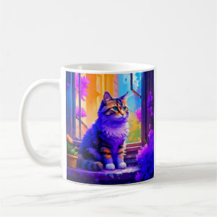Söt liten katt som sitter i fönstret kaffemugg