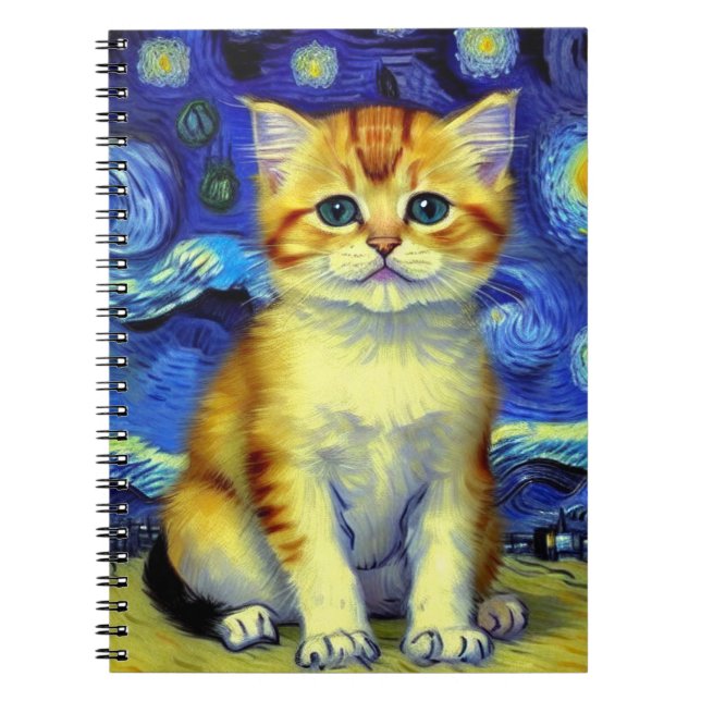 Söt liten katt stjärnnatt Van Gogh Anteckningsbok (Framsidan)