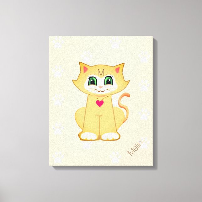 Söt liten katt & tassmönster på korall canvastryck (Framsida)