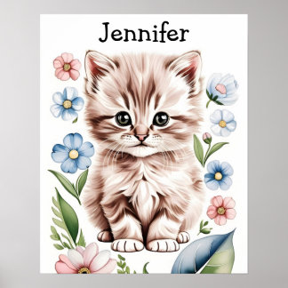 Söt liten kattunge och vårblommor affisch