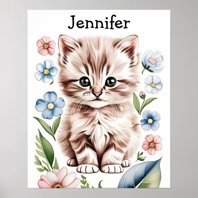 Söt liten kattunge och vårblommor affisch (Framsidan)