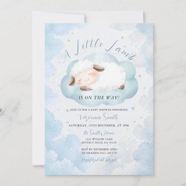 Söt liten lamm Baby Shower Blå moln tema Inbjudningar (Framsida)