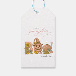 Söt liten lapp lykta pumpa blommor är på väg presentetikett
