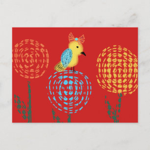 Söt liten minimalistisk gul fågel konst doodle vykort