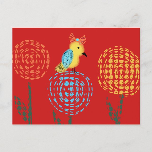 Söt liten minimalistisk gul fågel konst doodle vykort (Framsida)