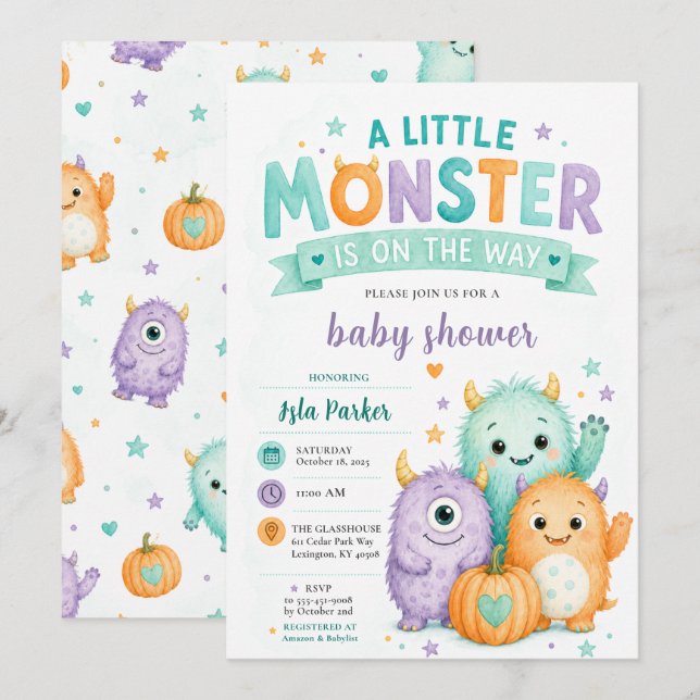 Söt liten monster-barnkalas Halloween Inbjudningar (Fram/baksida)