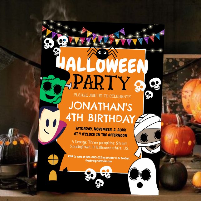 Söt Liten Monster Halloween 4-års Födelsedagsfest Inbjudningar (Skapare uppladdad)