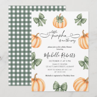 Söt liten orange pumpa grönrutig baby shower inbjudningar