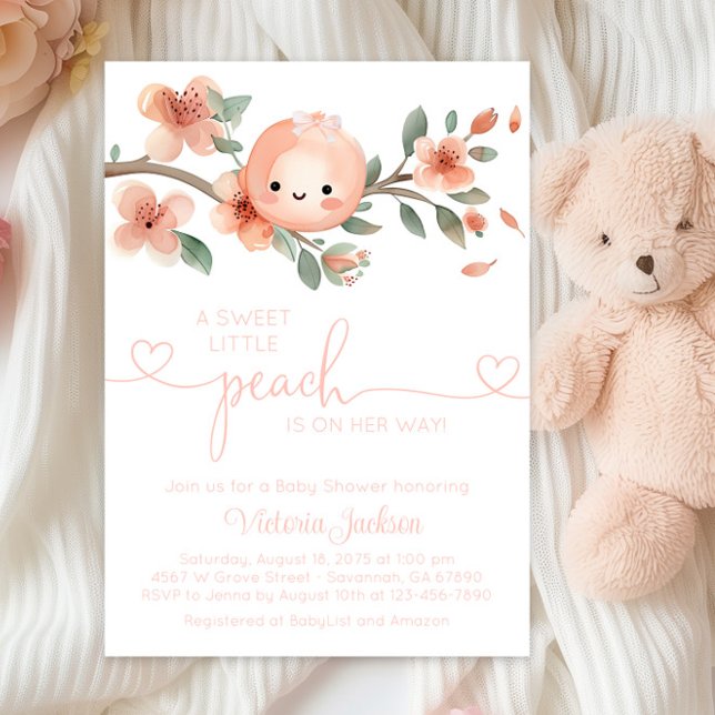 Söt liten persika Baby Shower Inbjudningar (Cute little peach baby shower invitation with adorable baby girl peach and peach branch.)