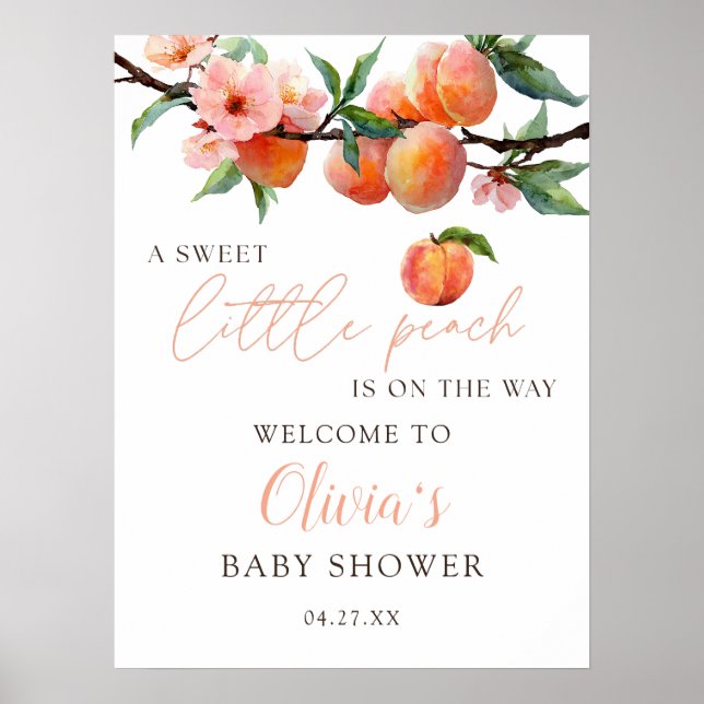 Söt liten persika Baby Shower Välkomstskylt Poster (Framsidan)