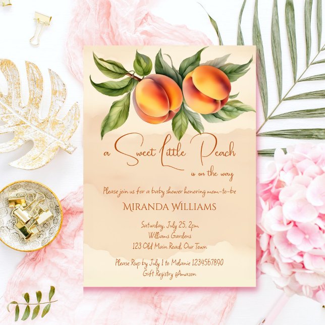 Söt liten persiko-babydusch i vår inbjudningar (Sweet little peach spring summer garden baby shower invitation template digital download orange)