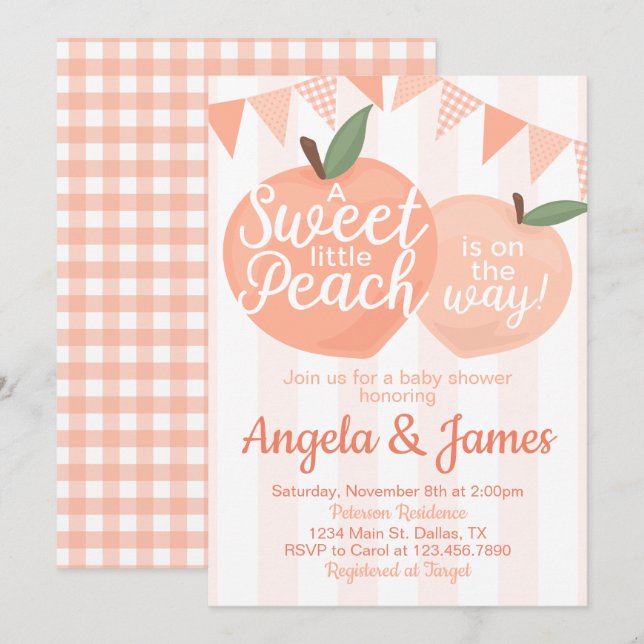 Söt liten persiko- eller babyskårinbjudan Inbjudan (Fram/baksida)