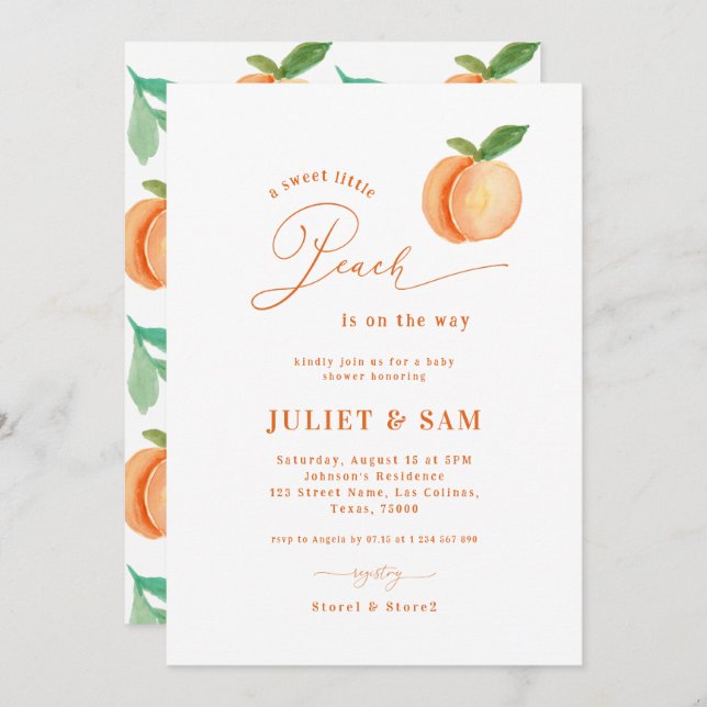 Söt liten persiko-könsuppehållande babyskor inbjudningar (Fram/baksida)