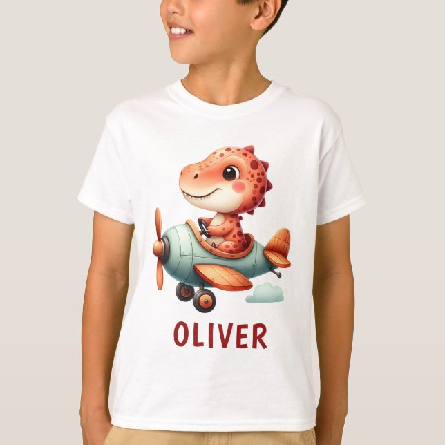 Söt liten pilotdinosaurie flygande flygplan t shirt (Framsida)