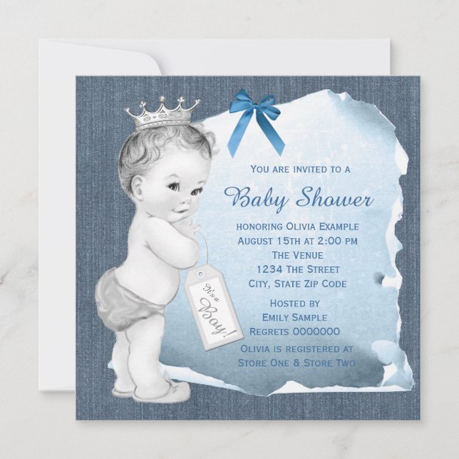 Söt liten pojke i blå denim baby shower inbjudningar (Framsida)