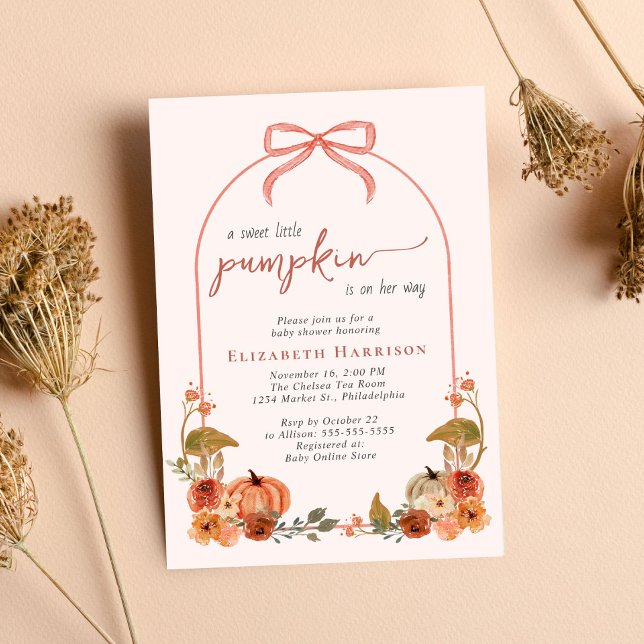 Söt Liten Pumpa Höst Babyflicka Babyshower Inbjudningar (Sweet Little Pumpkin Fall Baby Girl Shower Invitation)