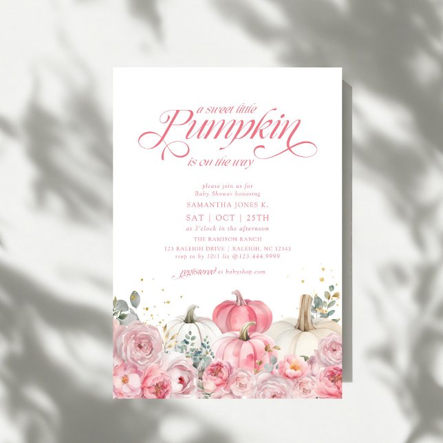 Söt Liten Pumpa Rosa Blommig Höst Baby Shower Inbjudningar (Skapare uppladdad)