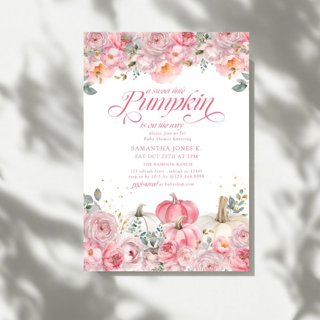 Söt Liten Pumpa Rosa Blommig Höst Baby Shower Inbjudningar (Skapare uppladdad)