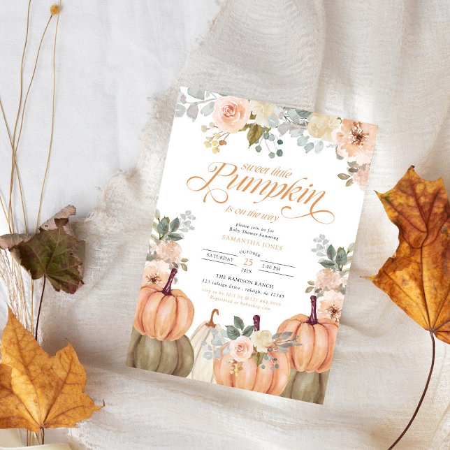 Söt Liten Pumpa Rosa Blommig Höst Baby Shower  Inbjudningar (Skapare uppladdad)