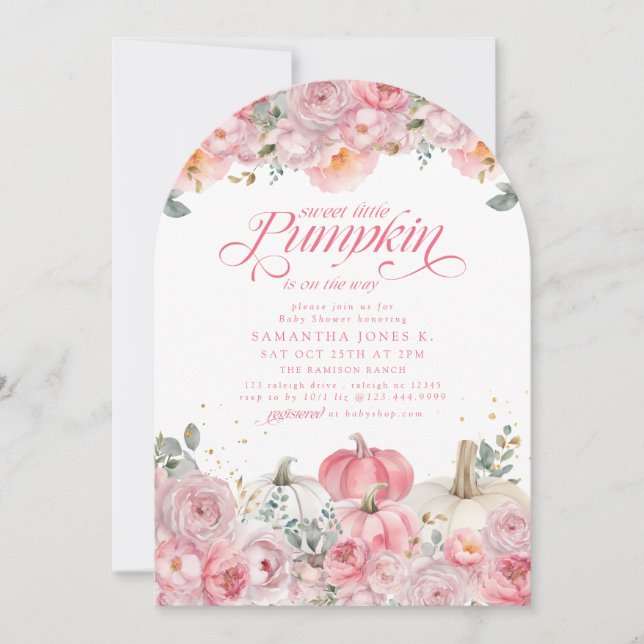 Söt Liten Pumpa Rosa Blommig Höst Bebis Shower Inbjudningar (Framsida)