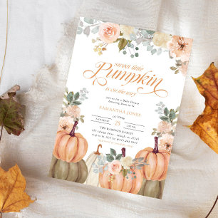 Söt Liten Pumpa Rosa Blommig Höst Bebis Shower Inbjudningar