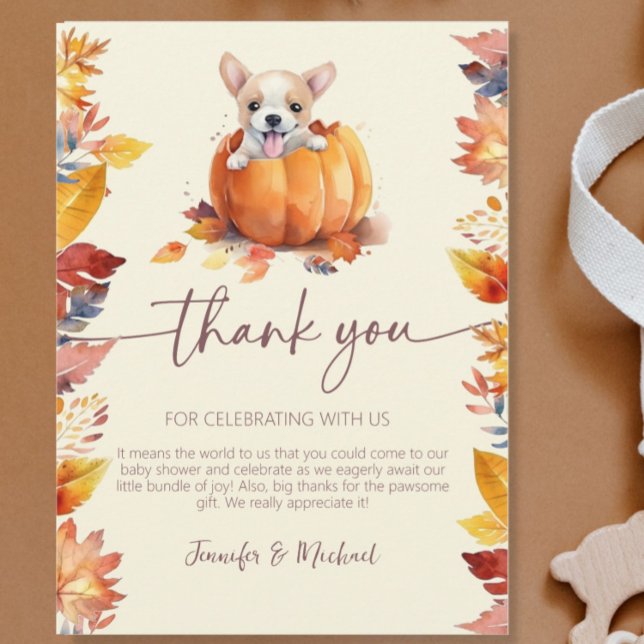 Söt Liten Pumpa Valp Höst Förälskad Baby Shower Tack Kort (Fall Baby Shower Pumpkin Puppy Foliage Flat Thank You Card)