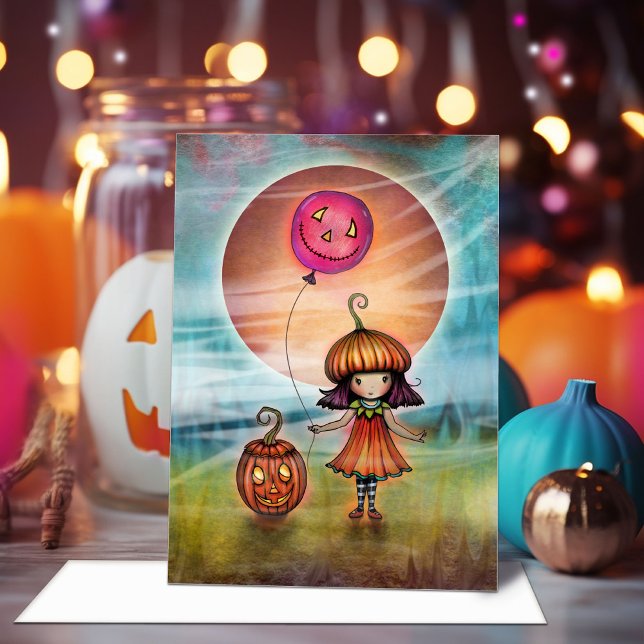 Söt Liten Pumpaflicka Halloween Konst Kort (Skapare uppladdad)