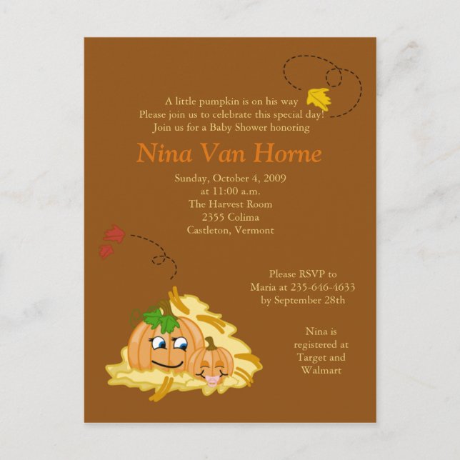 Söt liten Pumpkin Fall Baby Shower-inbjudan Inbjudan Vykort (Framsida)
