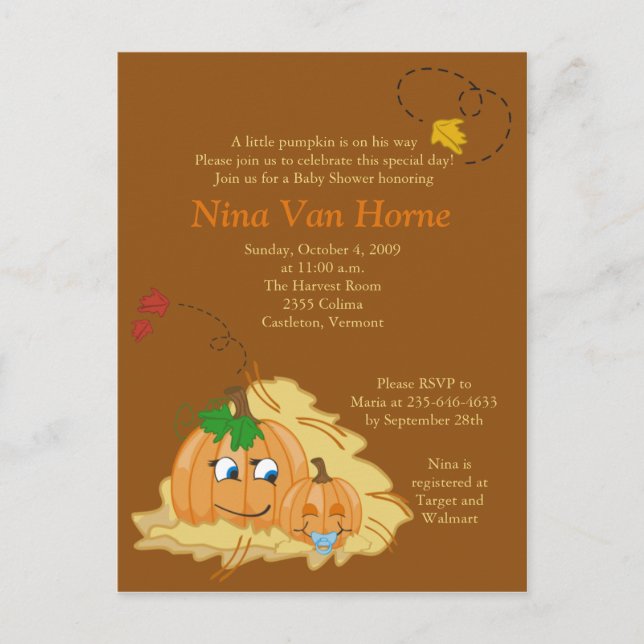 Söt liten Pumpkin Fall Baby Shower-inbjudan Inbjudan Vykort (Framsida)