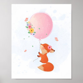 Söt liten räv flygande med rosa ballong poster
