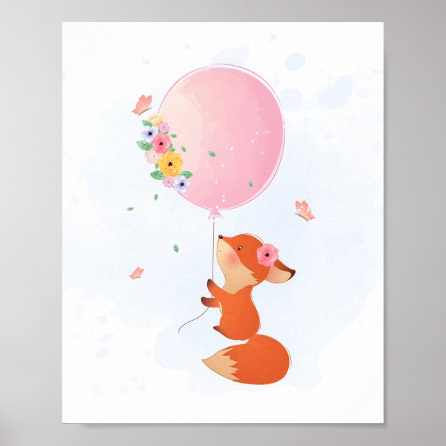 Söt liten räv flygande med rosa ballong poster (Framsidan)