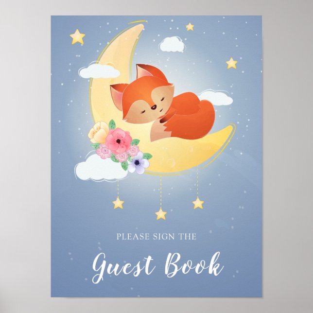 Söt liten räv på månen gästbok Poster (Framsidan)