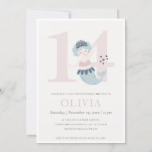 Söt liten rosa blå havsfrus inbjudan till 14-årsfe