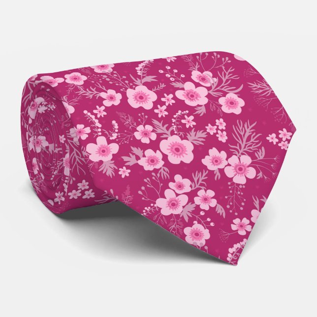 Söt liten rosa blommig med magenta bakgrund slips (Rullad)