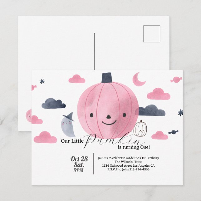 söt liten rosa halloweenpumpafödelsedagsinbjudan vykort (Fram/baksida)