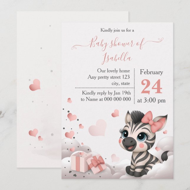 Söt liten sebra baby shower inbjudan (Fram/baksida)