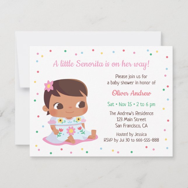 Söt liten señorita flicka fiesta baby shower inbjudningar (Framsida)