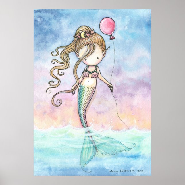 Söt Liten Sjöjungfru Med Ballongaffisch Poster (Framsidan)