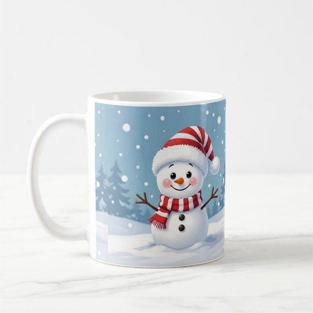 Söt liten snöman med halsduk och mössa kaffemugg (Vänster)
