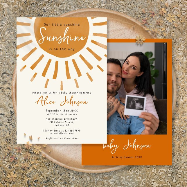 Söt liten solsken Boho fotobarnvigning Inbjudningar (Cute Little Sunshine Boho Photo Baby Shower Invitation)