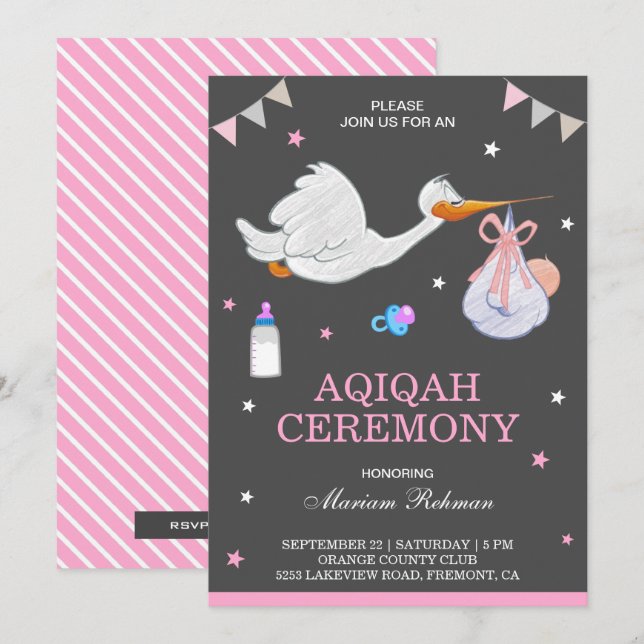 Söt liten stork Rosa Babyflicka Aqiqah Inbjudningar (Fram/baksida)