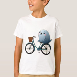 Söt liten tecknad säl på en cykel t shirt