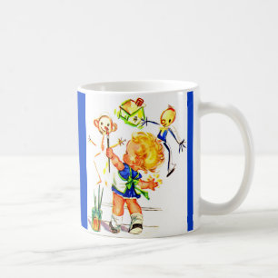 Söt liten tjej som målar på väggen kaffemugg