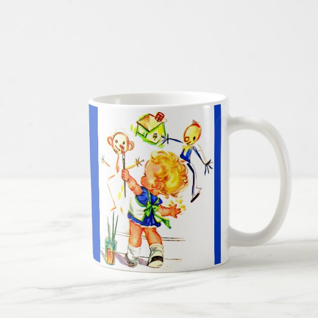 Söt liten tjej som målar på väggen kaffemugg (Höger)